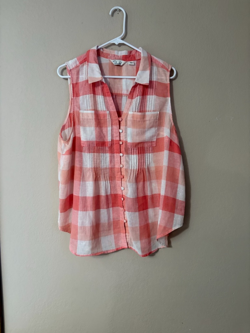 Optimal: Caffé Marrakesh Linen Blend Plaid Sleeveless Blouse Peach White